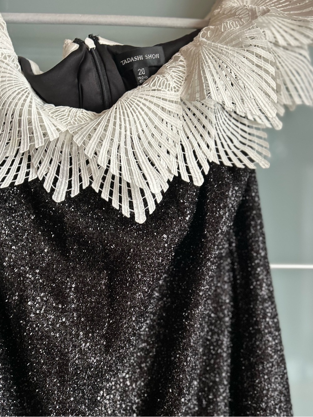 Tadashi Shoji Black Sequin Top with White Lace Statement Collar